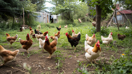 Chickens of different colors at a company in the villageの素材
