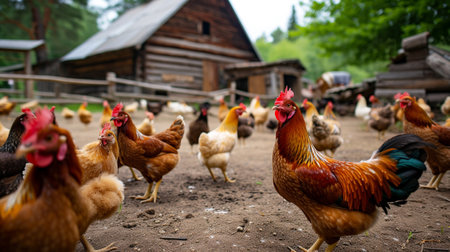Chickens of different colors at a company in the villageの素材