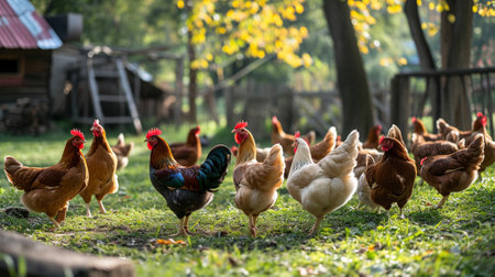 Chickens of different colors at a company in the villageの素材