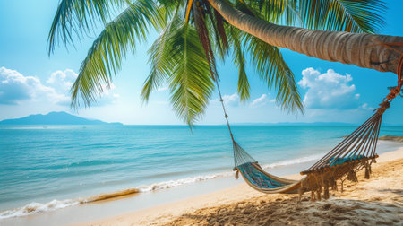 A hammock hanging from some palm trees on the beachの素材