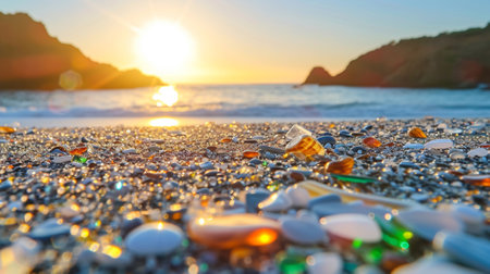 Many pieces of glass bathed in the sun on a beachの素材