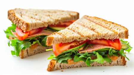 A sandwich cut on a white surfaceの素材