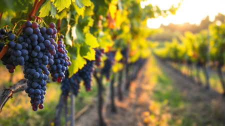 A vine vineyard with black grapesの素材