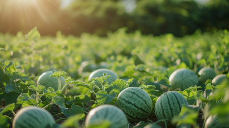Red watermelon growing in a fieldの素材