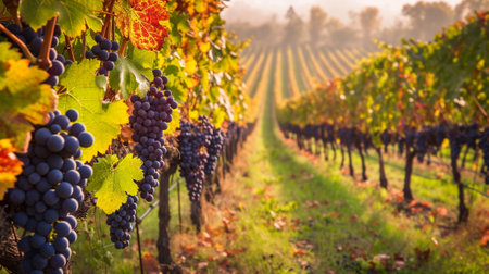 A vine vineyard with black grapesの素材