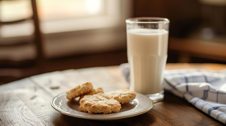 A glass of milk with a homemade biscuit on the sideの素材