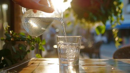 A person pours water into a glassの素材