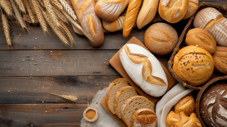 An assortment of bread products on a wooden tableの素材