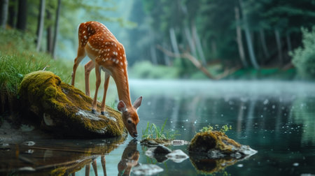 A deer drinks water from a river in the forestの素材