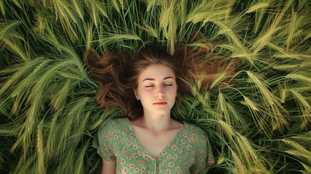 A girl in a field with green wheat, top viewの素材