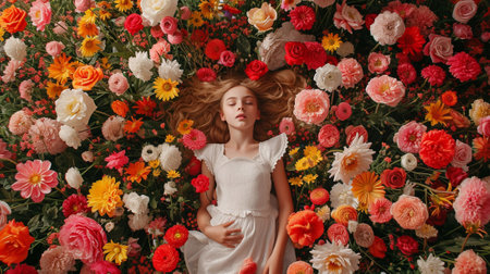 A girl in a wreath of flowers, top viewの素材