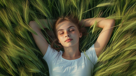 A girl in a field with green wheat, top viewの素材