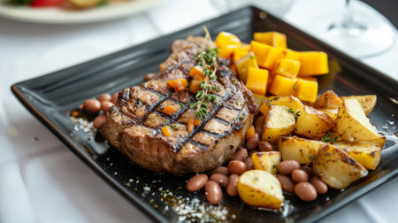 Potatoes with pork steak and beansの素材