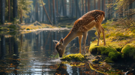 A deer drinks water from a river in the forestの素材