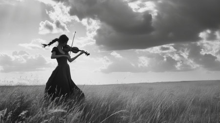 A girl plays the violin in a field, black and white imageの素材