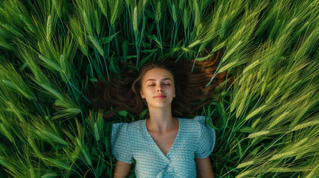 A girl in a field with green wheat, top viewの素材