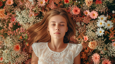 A girl in a wreath of flowers, top viewの素材