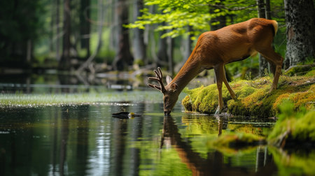 A deer drinks water from a river in the forestの素材