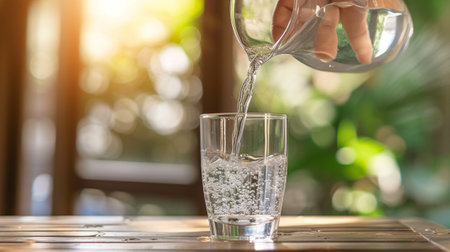 A person pours water into a glassの素材