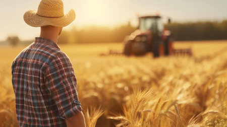 A farmer in a field of wheatの素材