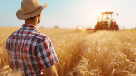 A farmer in a field of wheatの素材