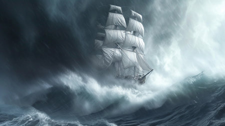 A ship with white sails during a stormの素材