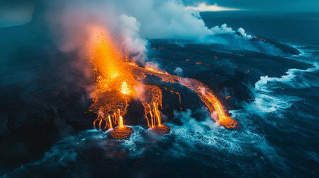 A volcano on an island eruptsの素材