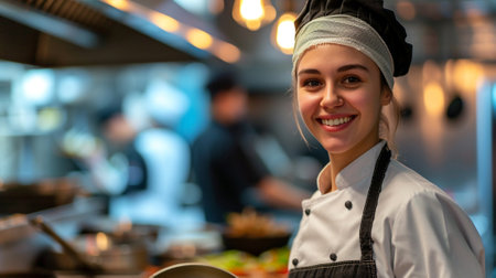 A female head chef, with a good mood in the kitchenの素材