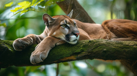 A cougar lying on a tree branchの素材