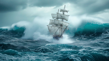 A ship with white sails during a stormの素材