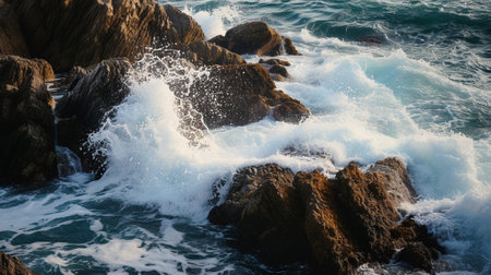 The waves breaking against the rocksの素材