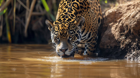 A jaguar drinking water from a riverの素材