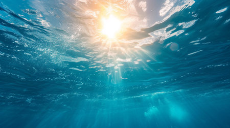 An underwater view of the sun in the skyの素材