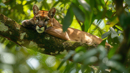 A cougar lying on a tree branchの素材