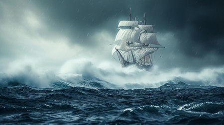 A ship with white sails during a stormの素材