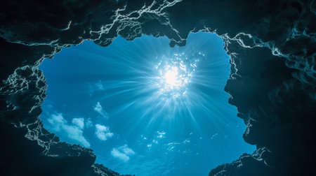 An underwater view of the sun in the skyの素材