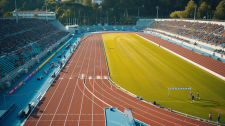 A running track seen from above, many people in the standsの素材