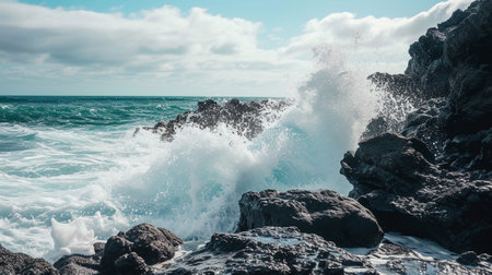 The waves breaking against the rocksの素材