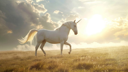 A white unicorn on a field bathed in the sunの素材