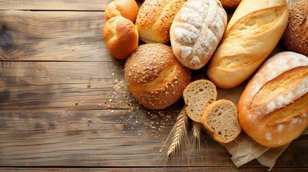 An assortment of bread products on a wooden tableの素材