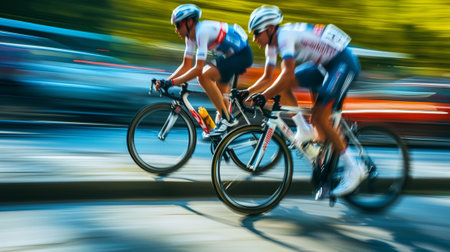 Cyclists on a track in the city, image in motionの素材