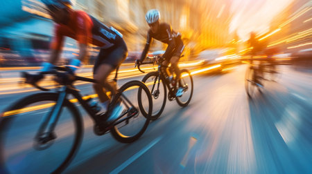 Cyclists on a track in the city, image in motionの素材