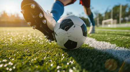 A soccer player with a ball on a fieldの素材