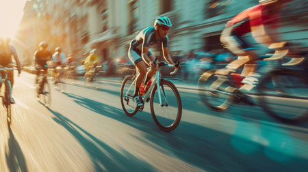 Cyclists on a track in the city, image in motionの素材