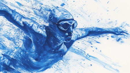 A professional swimmer, blue charcoal sketchの素材