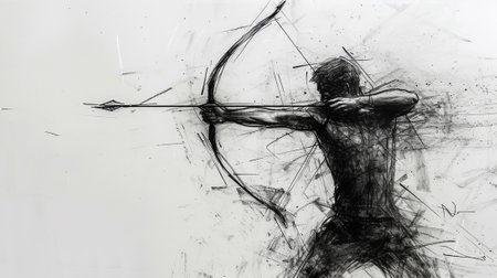 An athlete shooting a bow, sketch in black charcoalの素材