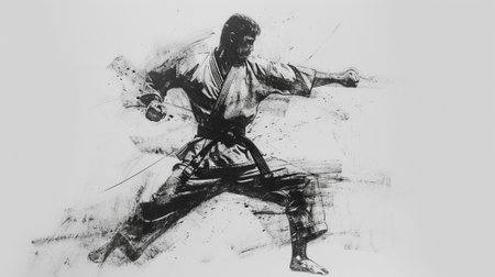 A karate master, sketch in black charcoalの素材