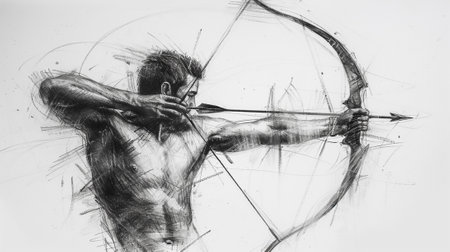 An athlete shooting a bow, sketch in black charcoalの素材
