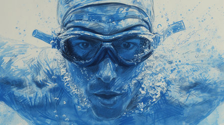 A professional swimmer, blue charcoal sketchの素材