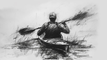 A canoeist on a river, black charcoal sketchの素材